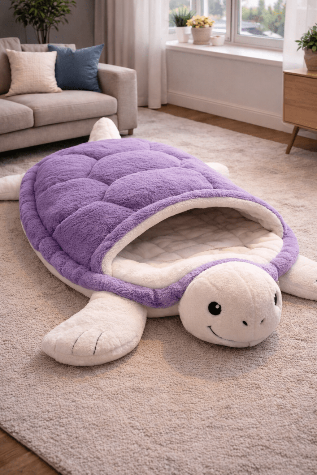 Purple turtle sleeping bag with padded shell and smiling face