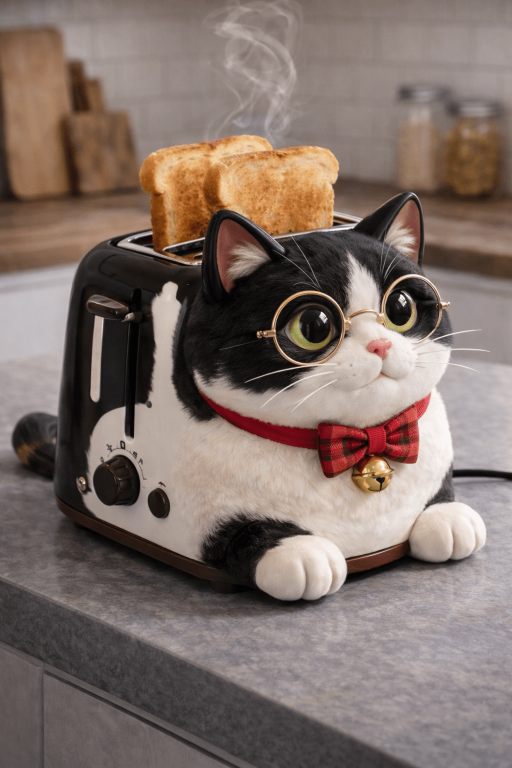 Black and white tuxedo cat-shaped toaster with round glasses and bow tie popping up toast