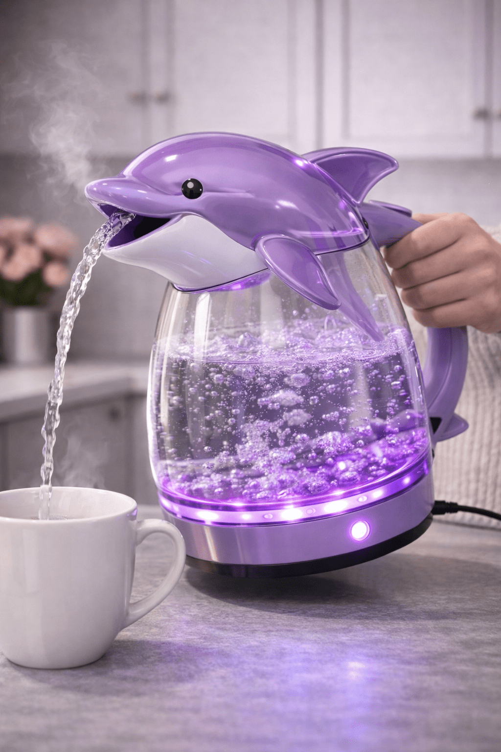 Purple dolphin-shaped LED electric kettle pouring boiling water into a mug