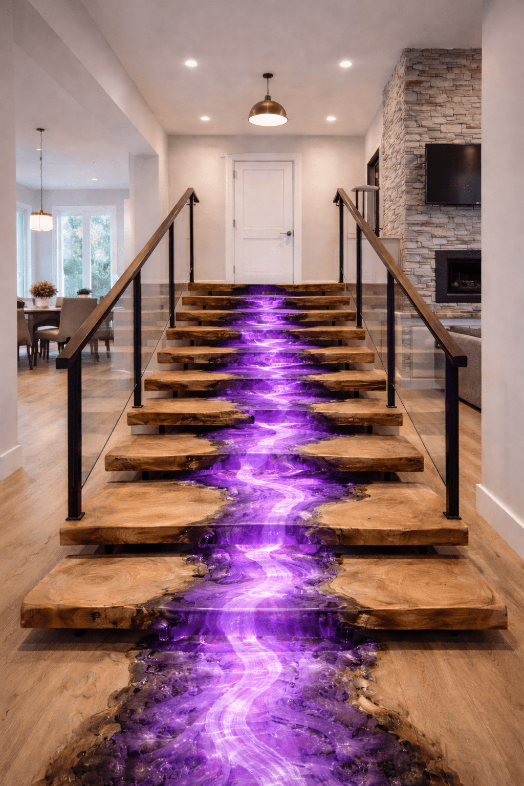 Luxury epoxy staircase with glowing purple resin river and live-edge wooden treads