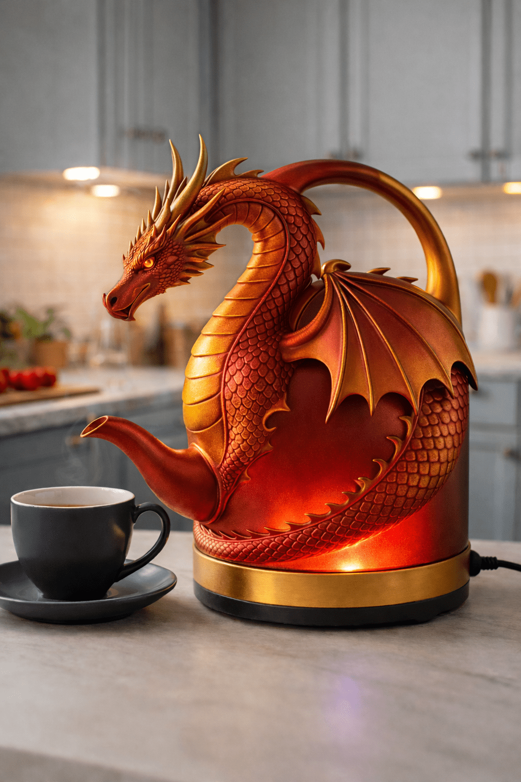 Red dragon shaped electric kettle with fiery LED base and gold detailing in a modern kitchen