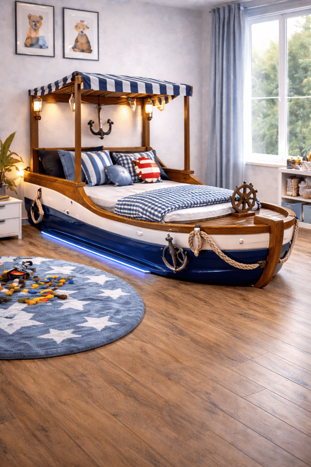 Blue and white canopy boat bed with anchor décor and LED underglow lighting