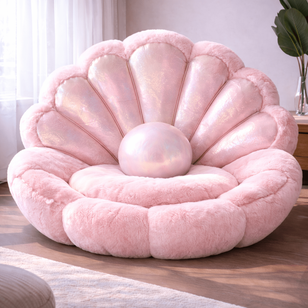 Blush pink shell plush chair featuring pearl cushion and soft faux fur upholstery