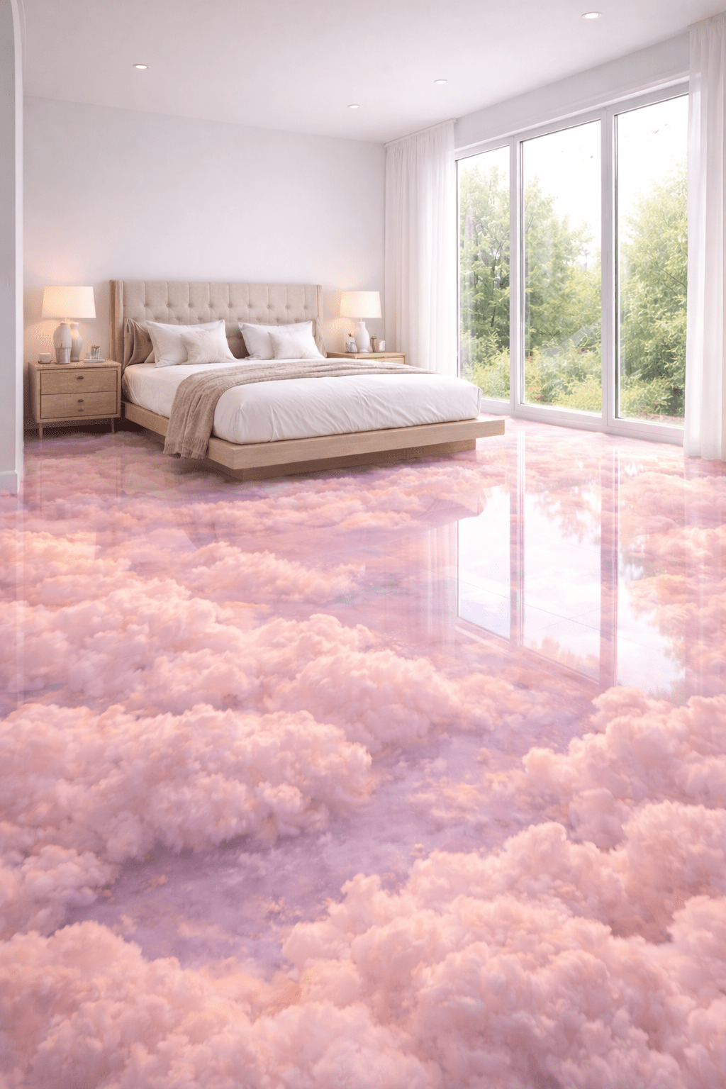 Luxury bedroom showcasing blush pink cloud resin floor with high-gloss finish