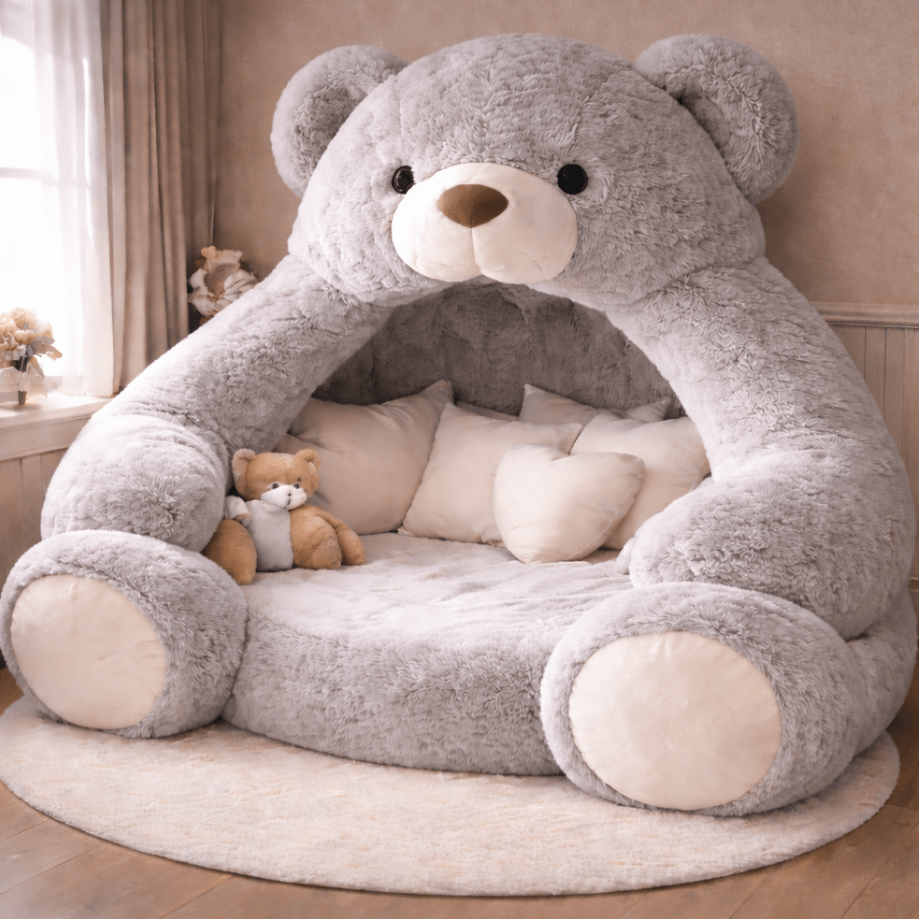 Giant grey teddy bear shaped lounger bed with canopy arms in a contemporary bedroom