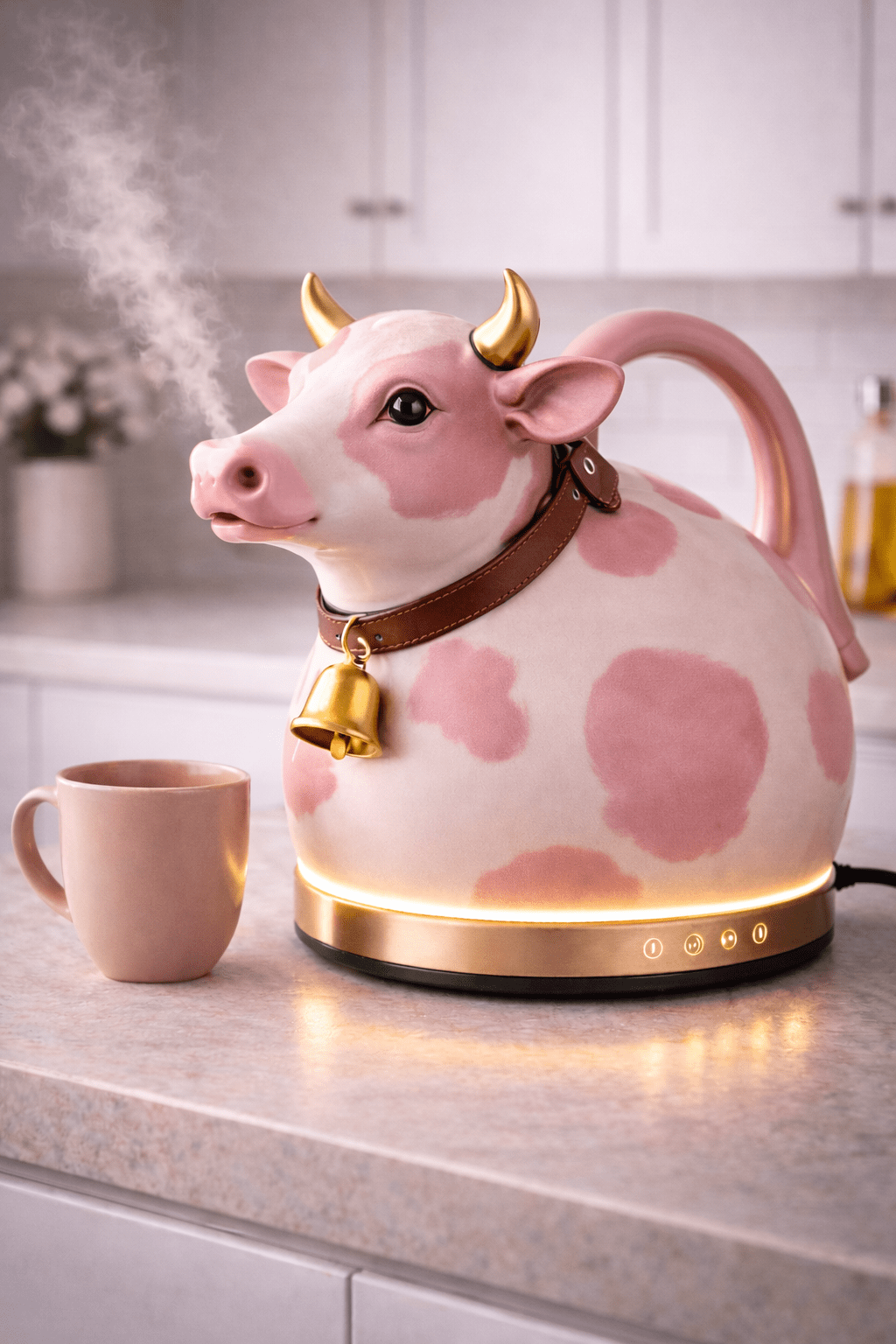 Pink cow-shaped novelty kettle with gold horns and glowing LED base on modern kitchen counter