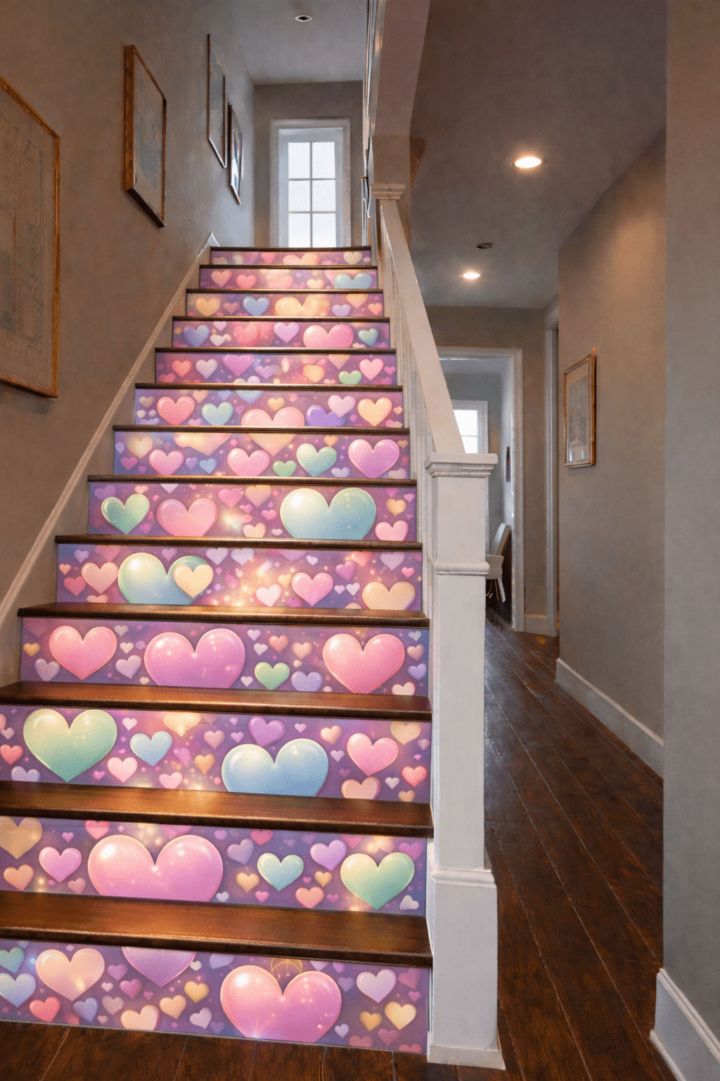 Pastel coloured heart staircase illusion risers with glowing sparkle effects in a contemporary home interior