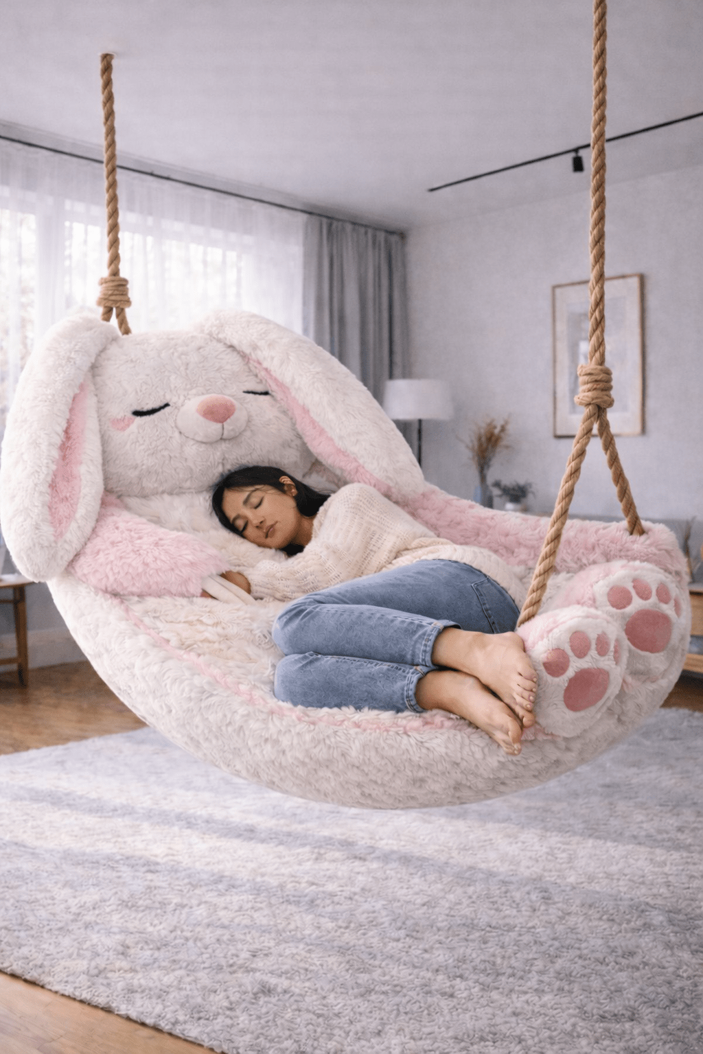 Oversized white and blush bunny hanging swing chair with a person relaxing inside in a modern home
