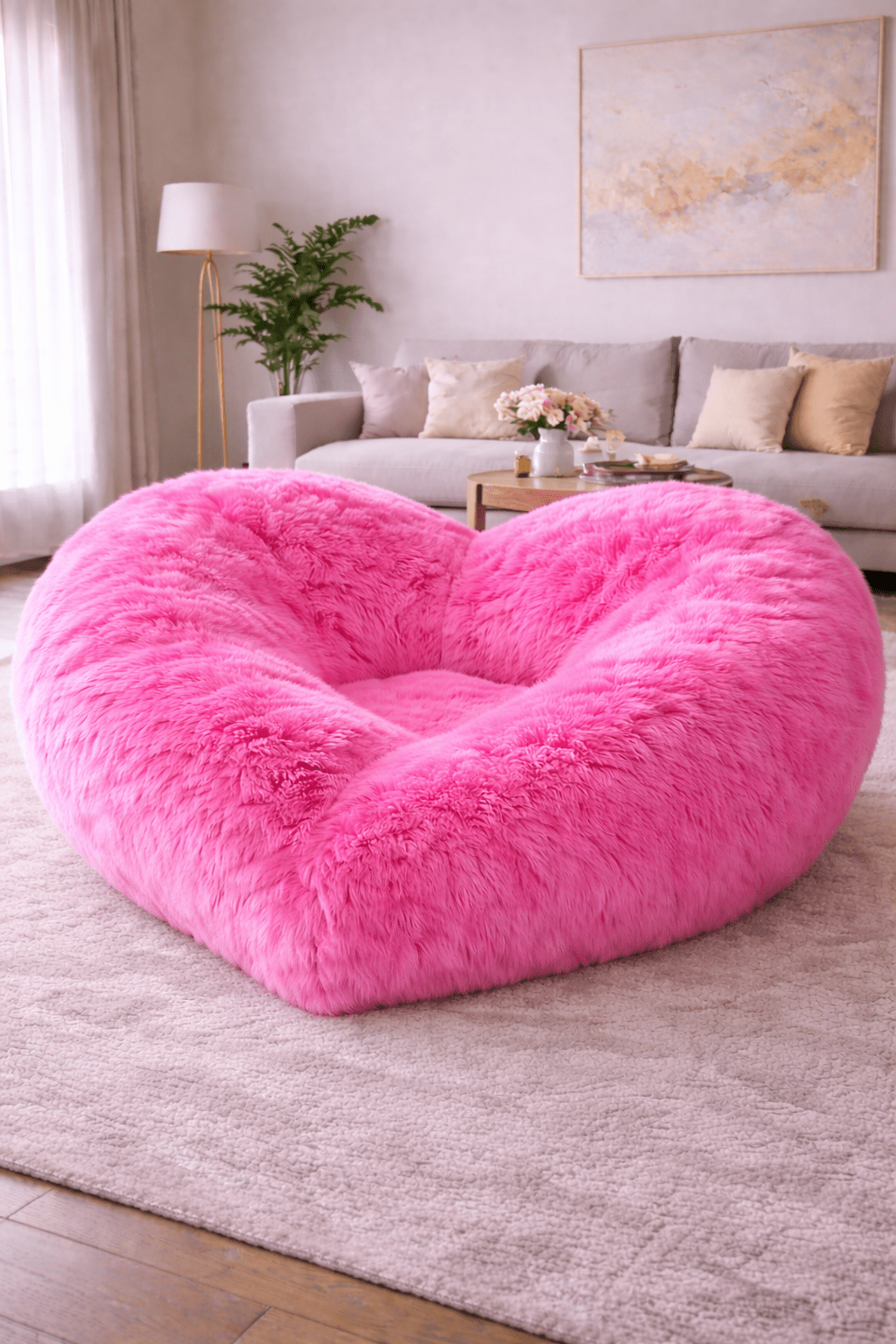 Bright pink heart-shaped plush lounge chair placed on a soft rug in a modern neutral living room