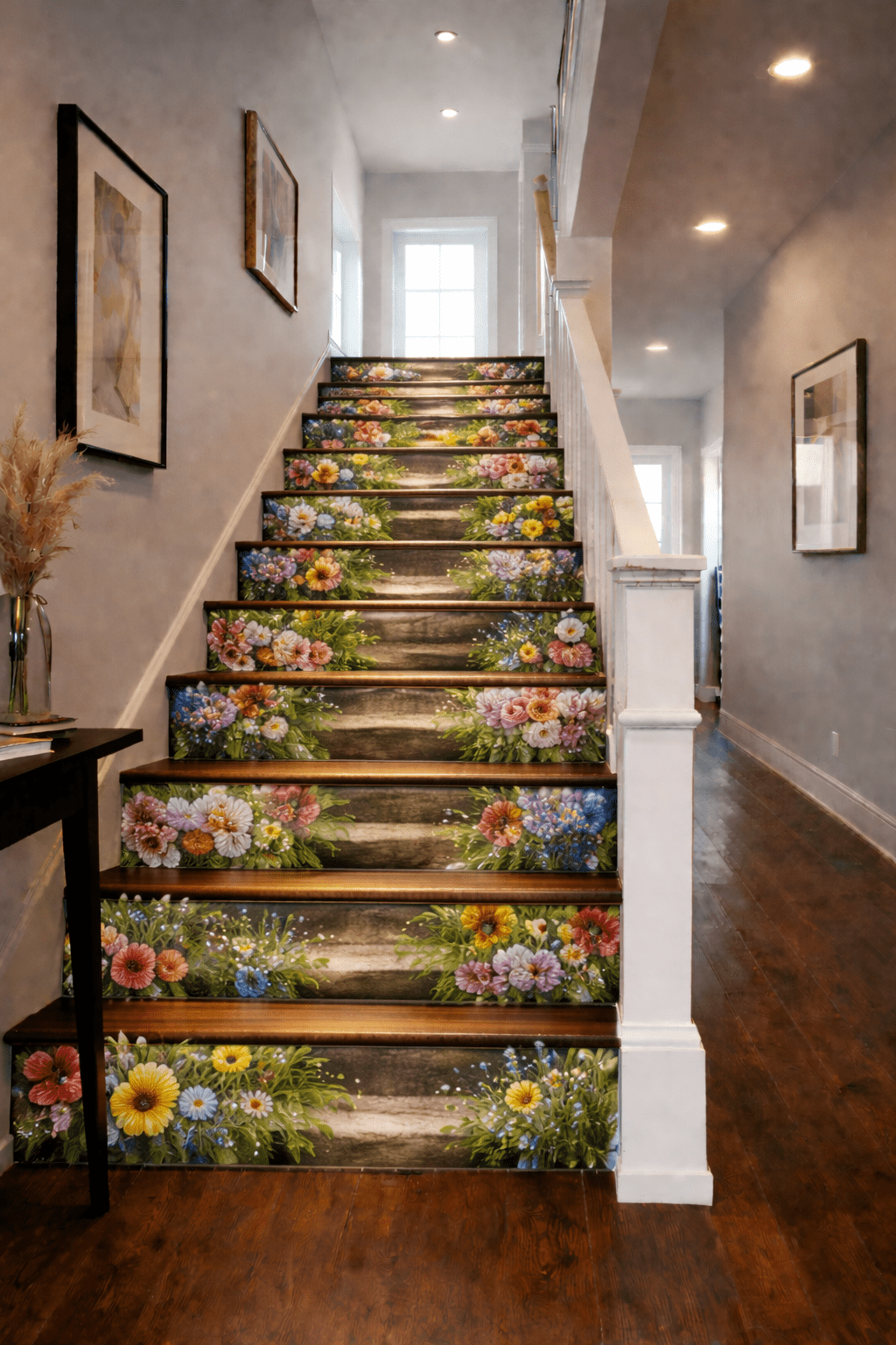 Wooden staircase with wildflower meadow floral staircase riser designs in a modern hallway