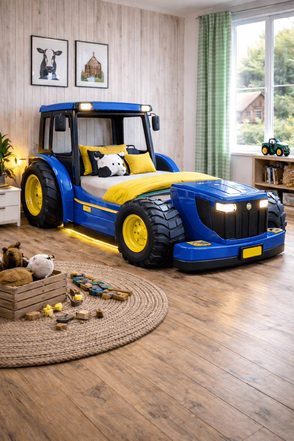 Blue tractor-shaped kids bed with realistic wheels and integrated LED lighting in a farm-themed bedroom