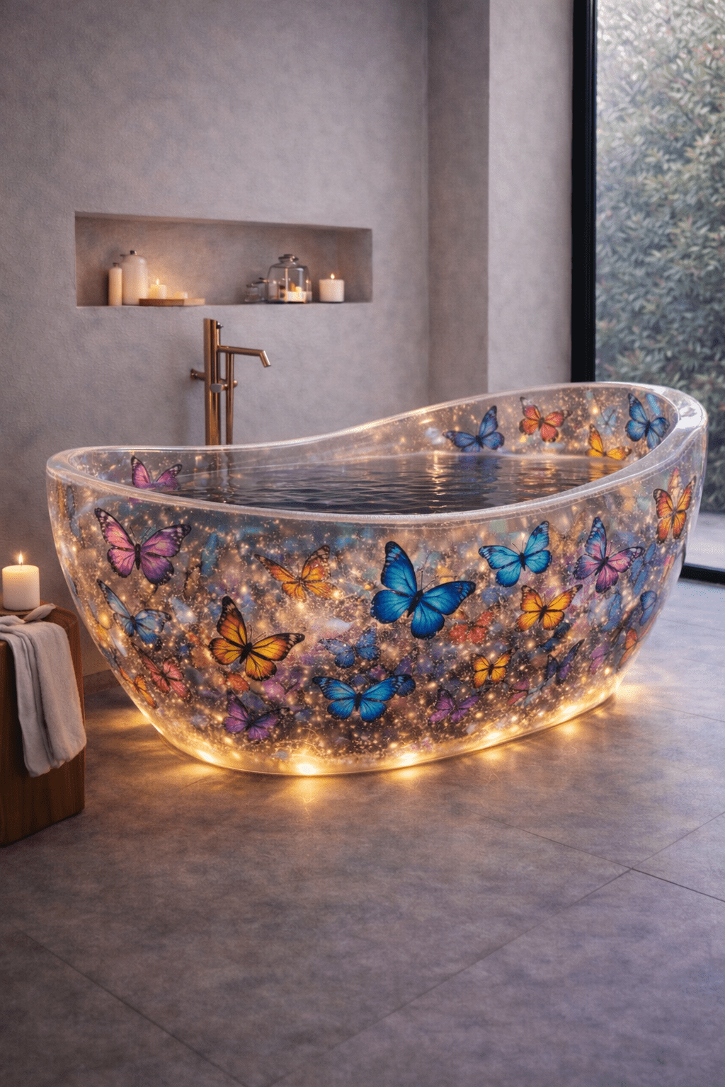Freestanding butterfly galaxy resin bathtub with warm golden lighting and embedded multicolour butterflies
