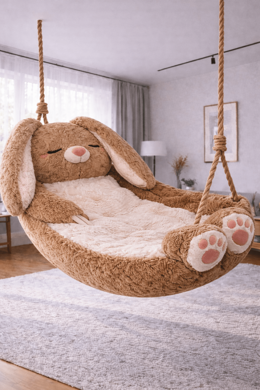 Plush brown bunny hanging swing chair with floppy ears and paw footrests suspended in a contemporary living space