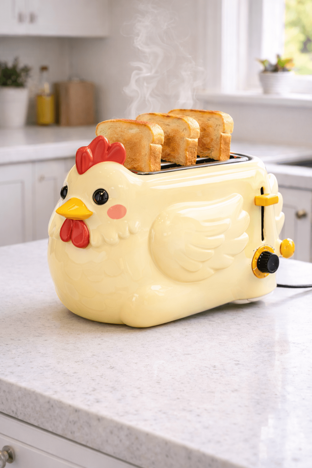 Cream chicken-shaped toaster with toasted bread on a modern kitchen countertop