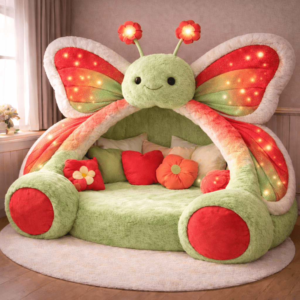 Bold red and green plush butterfly reading nook pod with illuminated wings and colourful scatter cushions