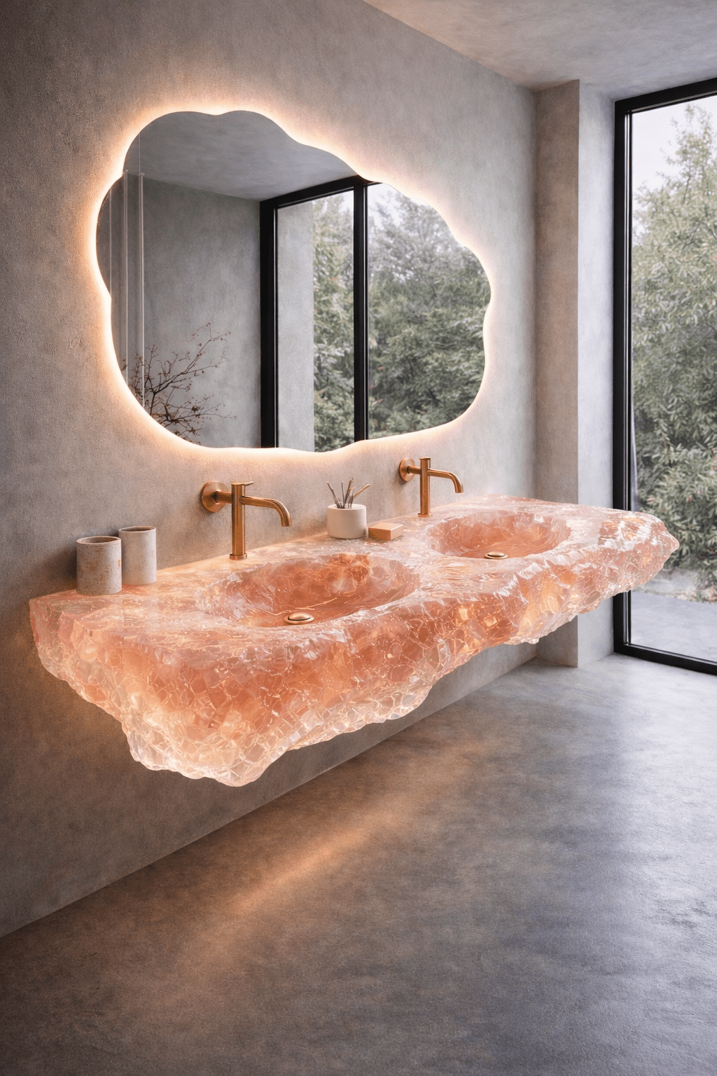 Luxury blush pink crystal resin double sink vanity with sculpted translucent texture and brass fixtures