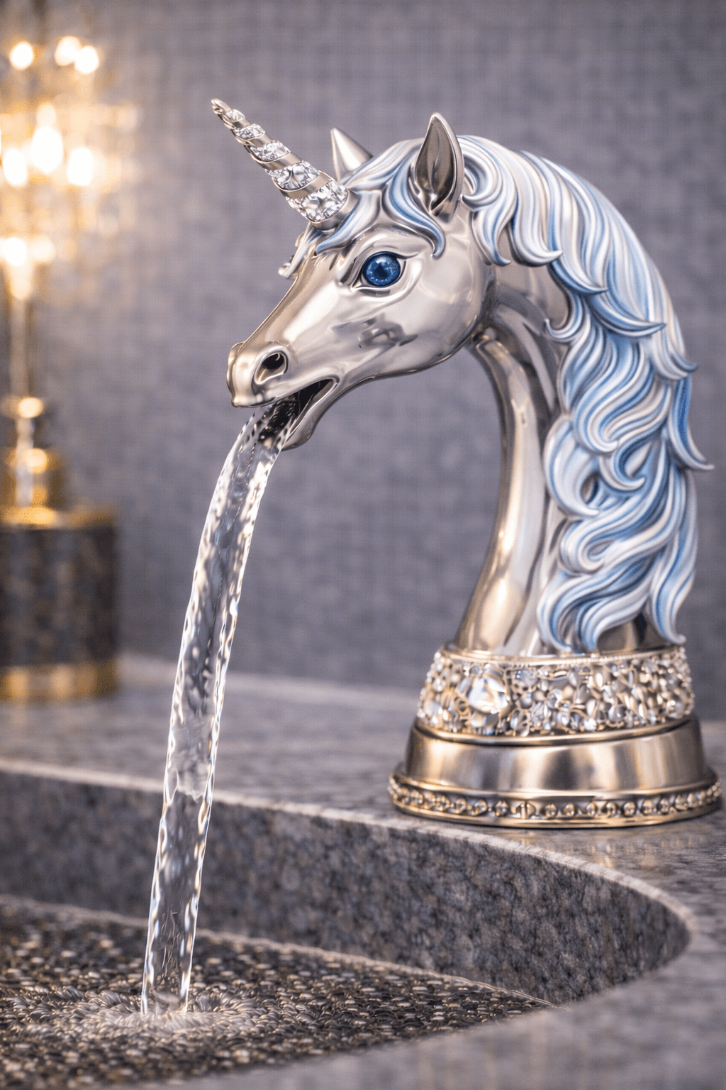 Modern silver unicorn head tap with blue gemstone eyes and flowing water stream