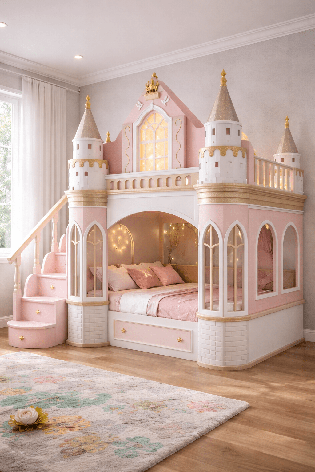 Pink and gold princess castle bed with turrets, arched windows, and illuminated canopy nook