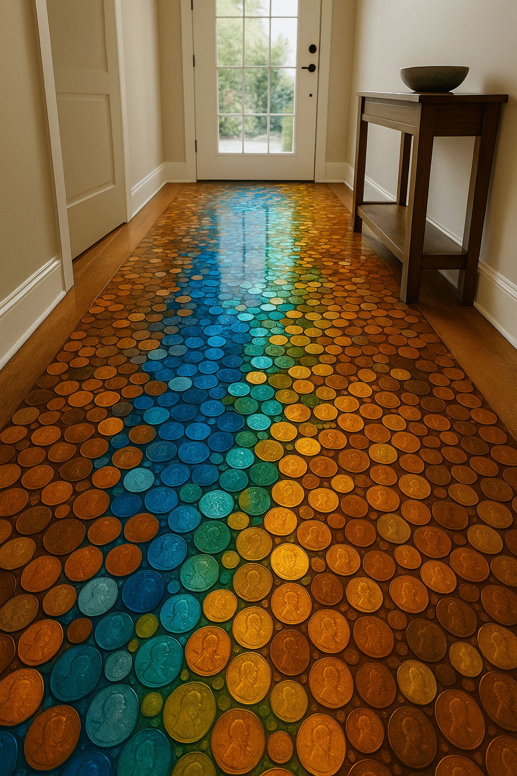 Colour-gradient epoxy floor featuring embedded coins in a bright entryway