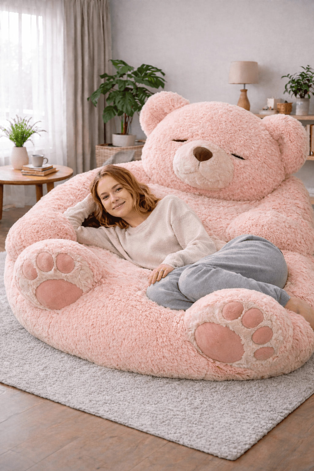 Woman relaxing on oversized blush pink teddy bear plush lounger chair