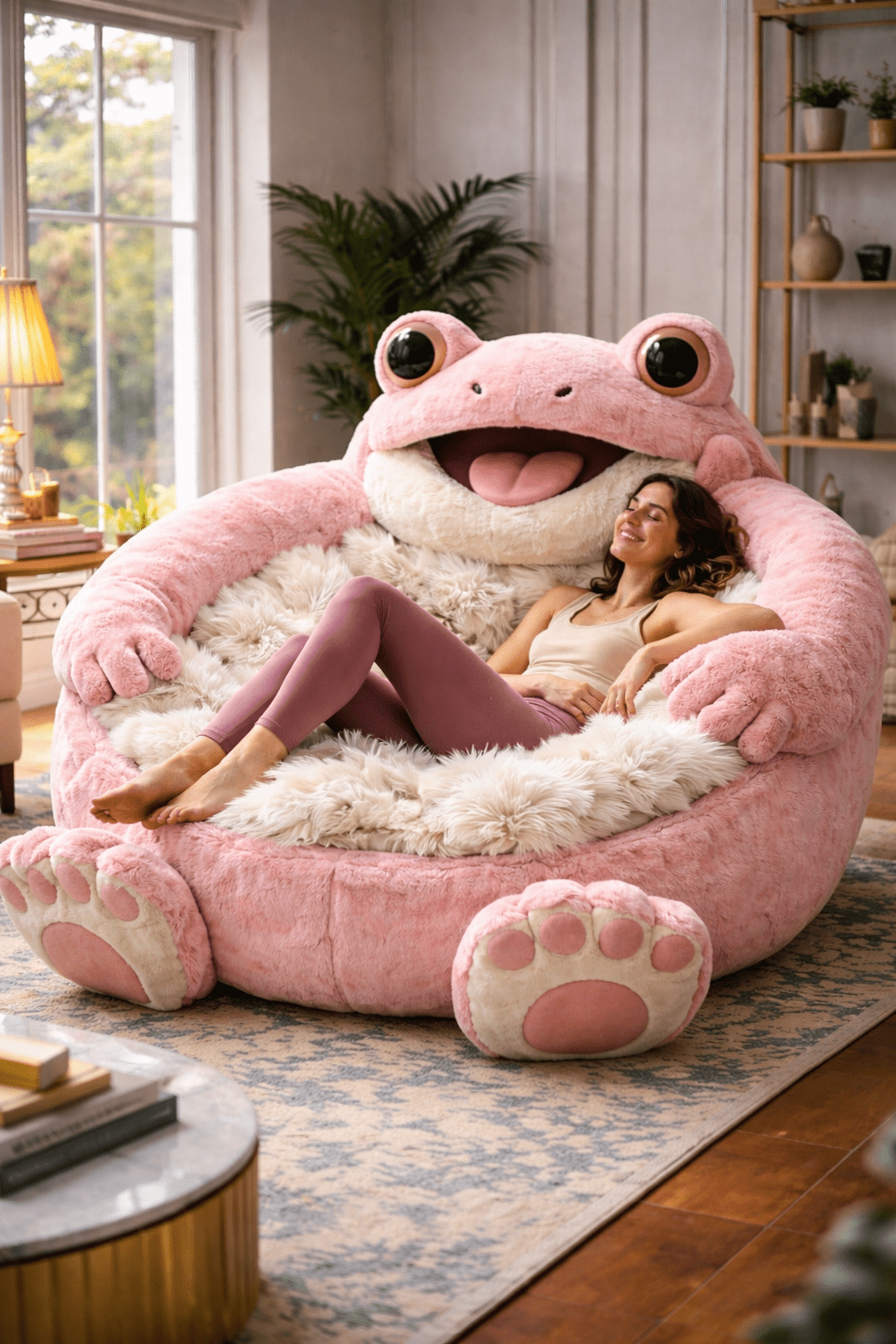 Oversized pink frog plush lounger chair with faux fur lining in a modern living room