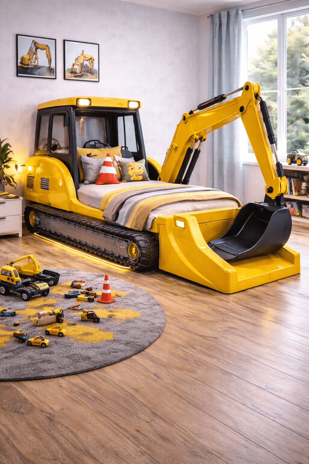 Yellow excavator-themed kids bed with working arm and bucket in a modern bedroom