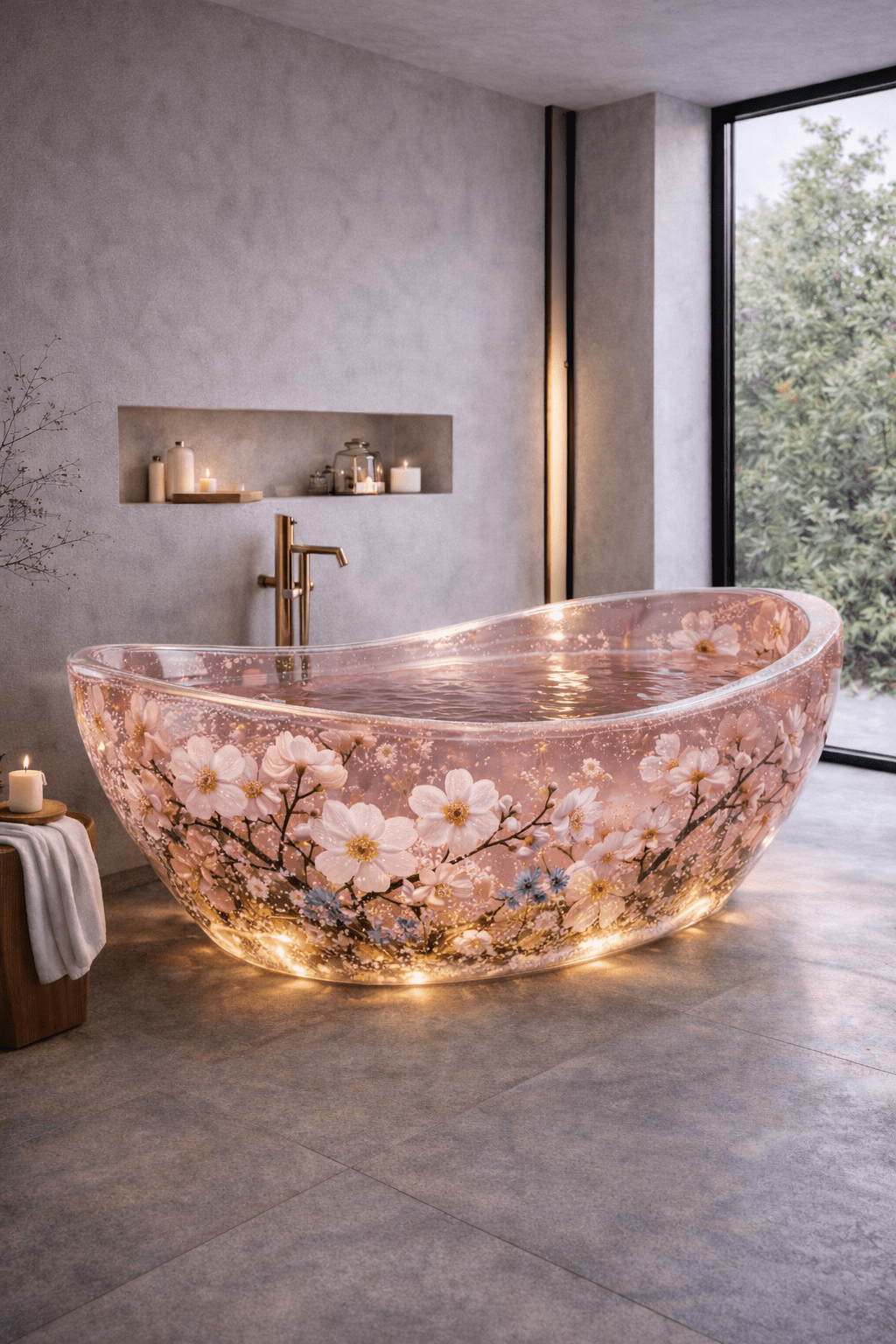 Transparent cherry blossom epoxy resin bathtub with embedded pink flowers and warm LED base lighting in a modern bathroom
