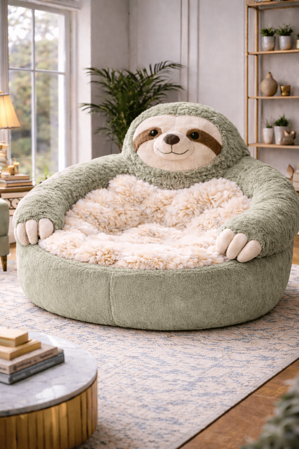 Oversized sage green sloth plush lounger chair with sherpa cushion in a modern botanical living room