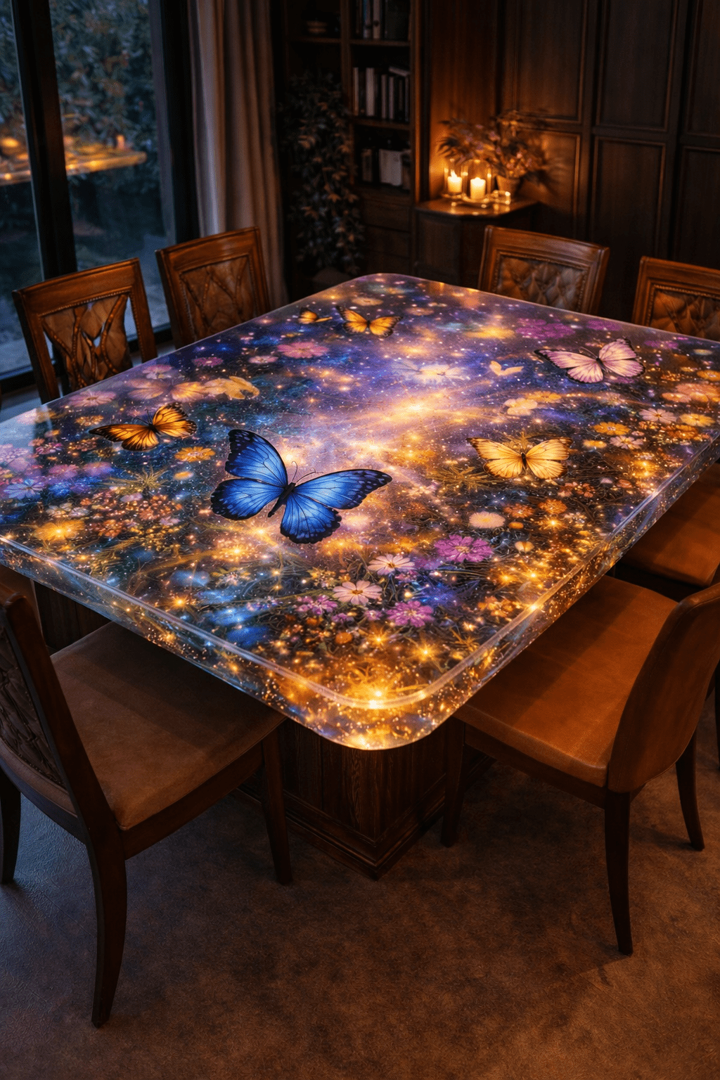 Illuminated butterfly galaxy resin dining table with blue butterfly and glowing floral galaxy design