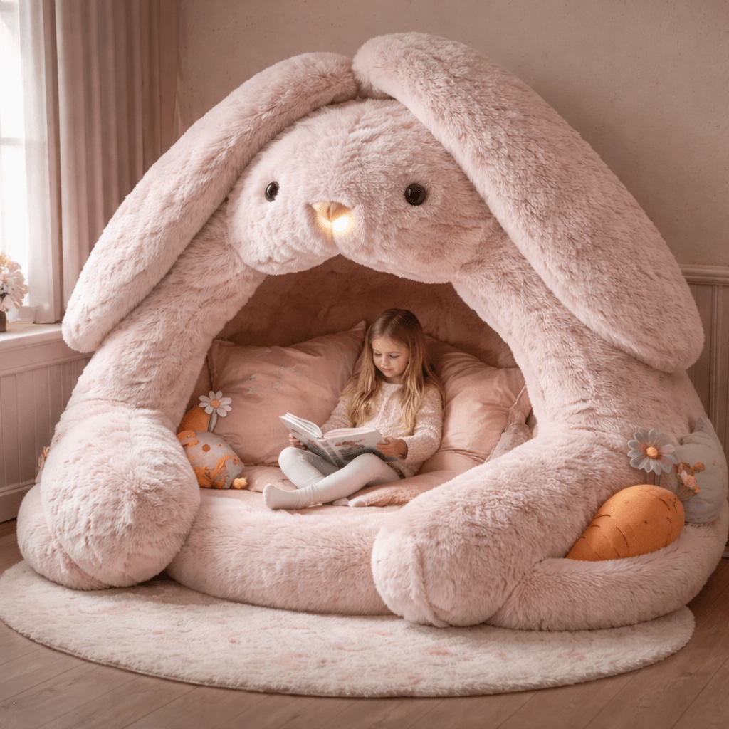 Child reading inside blush pink plush bunny reading nook pod with LED nose light
