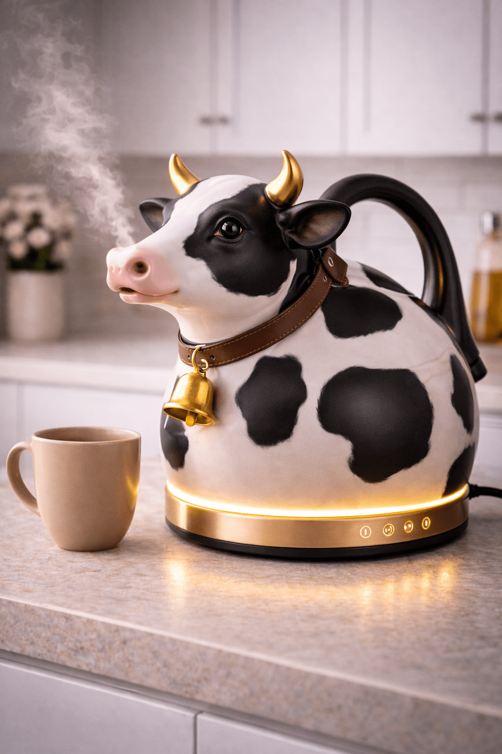 Black and white cow-pattern kettle with bell collar and steam pouring from spout
