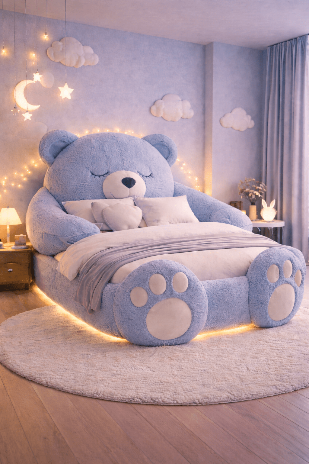 Oversized blue teddy bear plush bed with paw footboard and warm LED underglow in a pastel bedroom