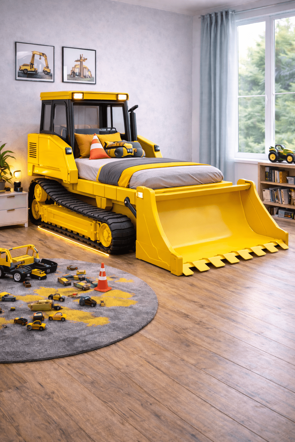 Bright yellow bulldozer kids bed featuring a large front blade and construction-themed décor