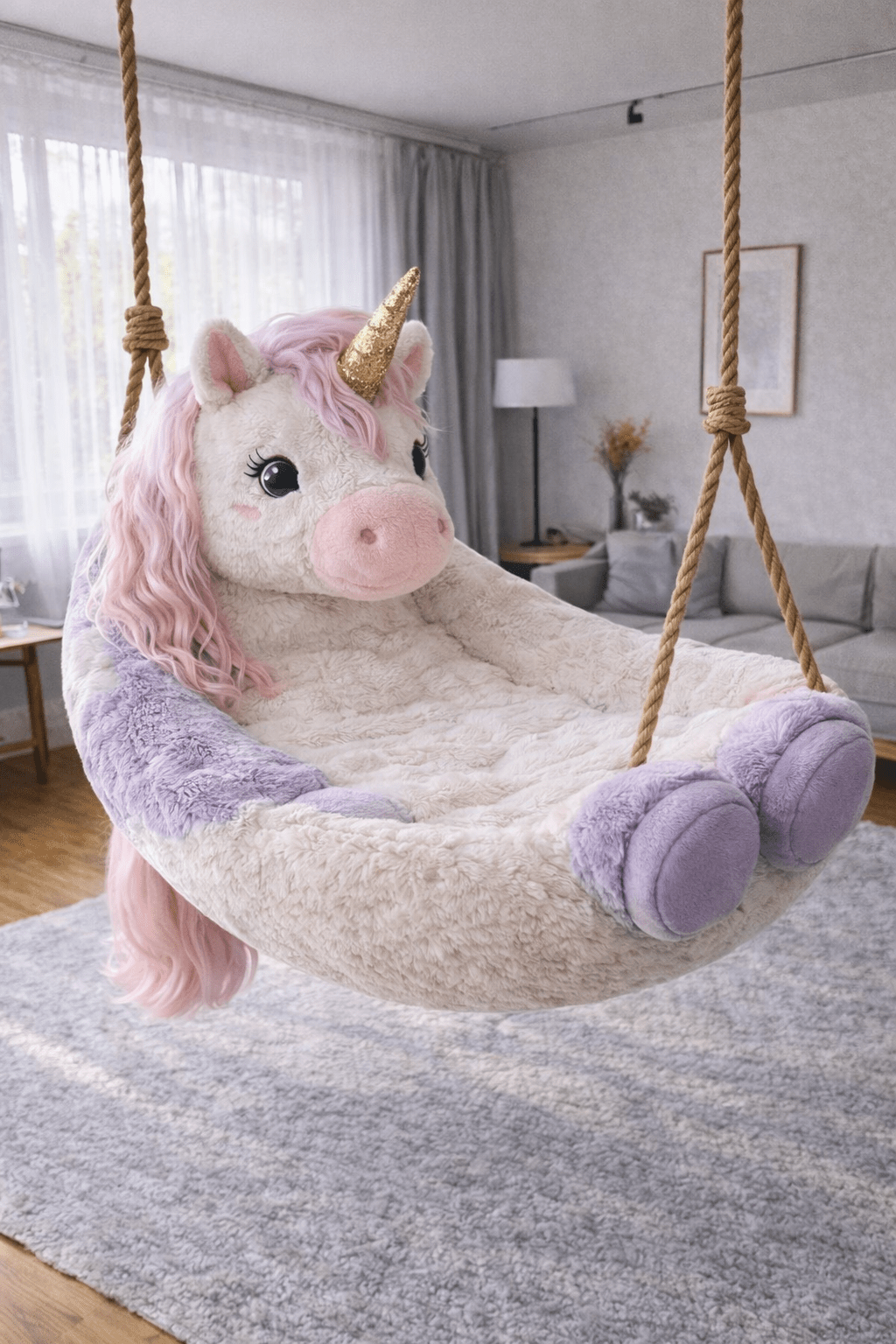 Plush pastel pink unicorn hanging swing chair with lavender accents suspended in a cosy living room