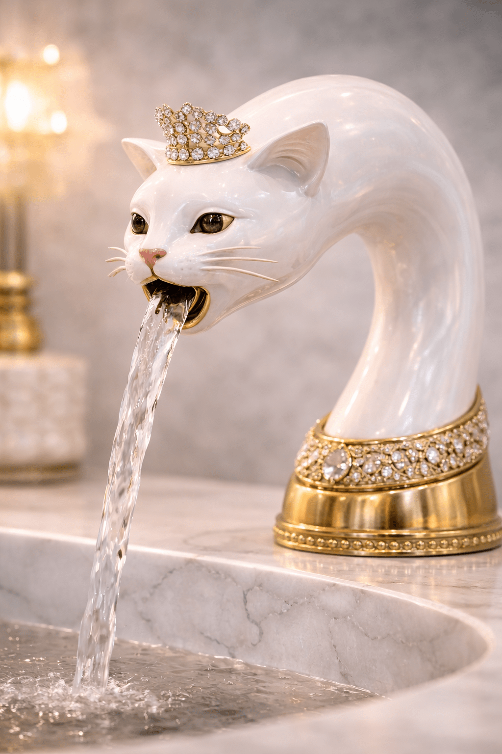 Luxury pearl white cat-shaped bathroom tap with crystal crown and gold base pouring water into marble basin