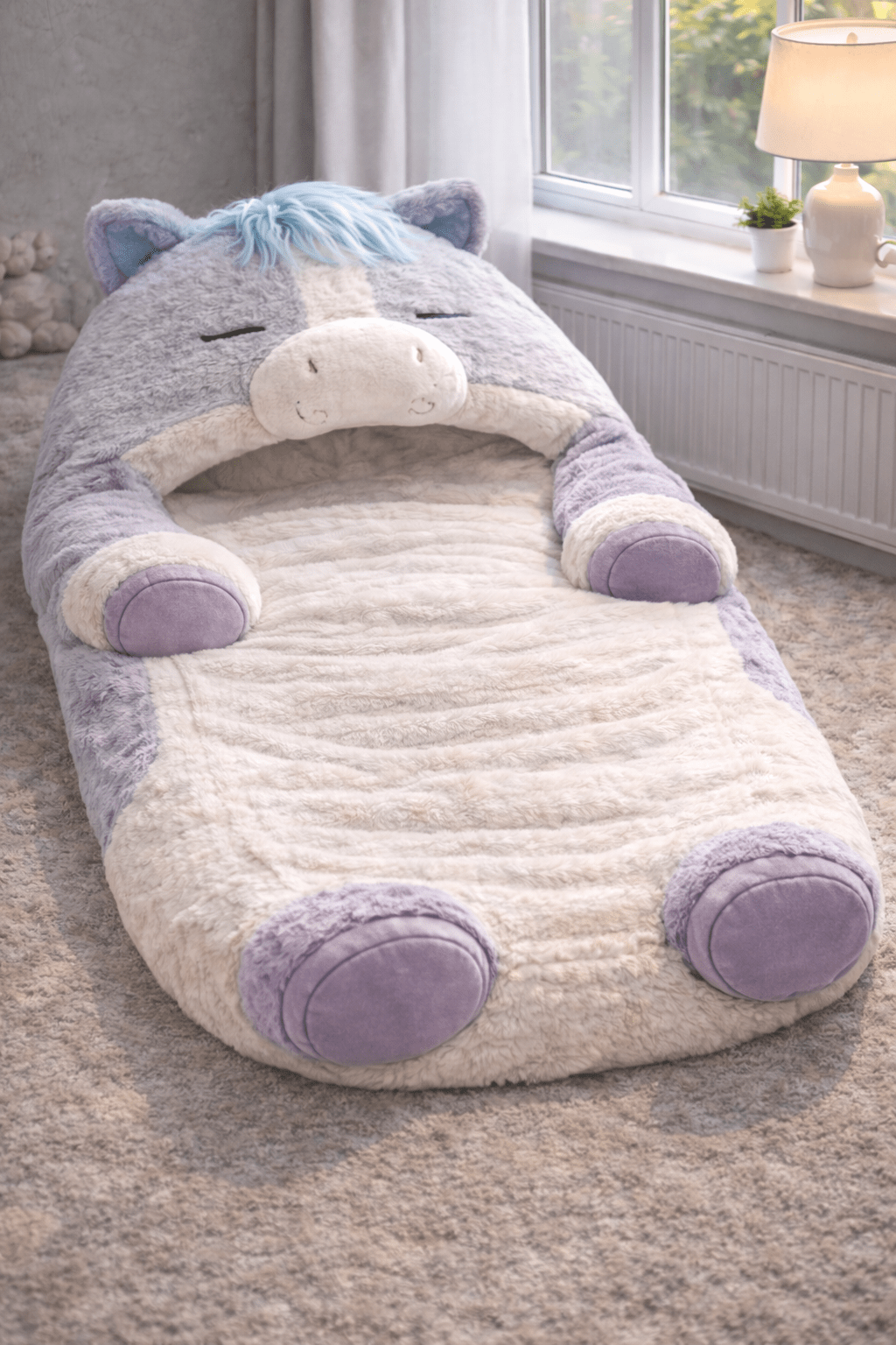 Pastel lilac giant horse-shaped sleeping bag with blue mane and soft padded sleeping space