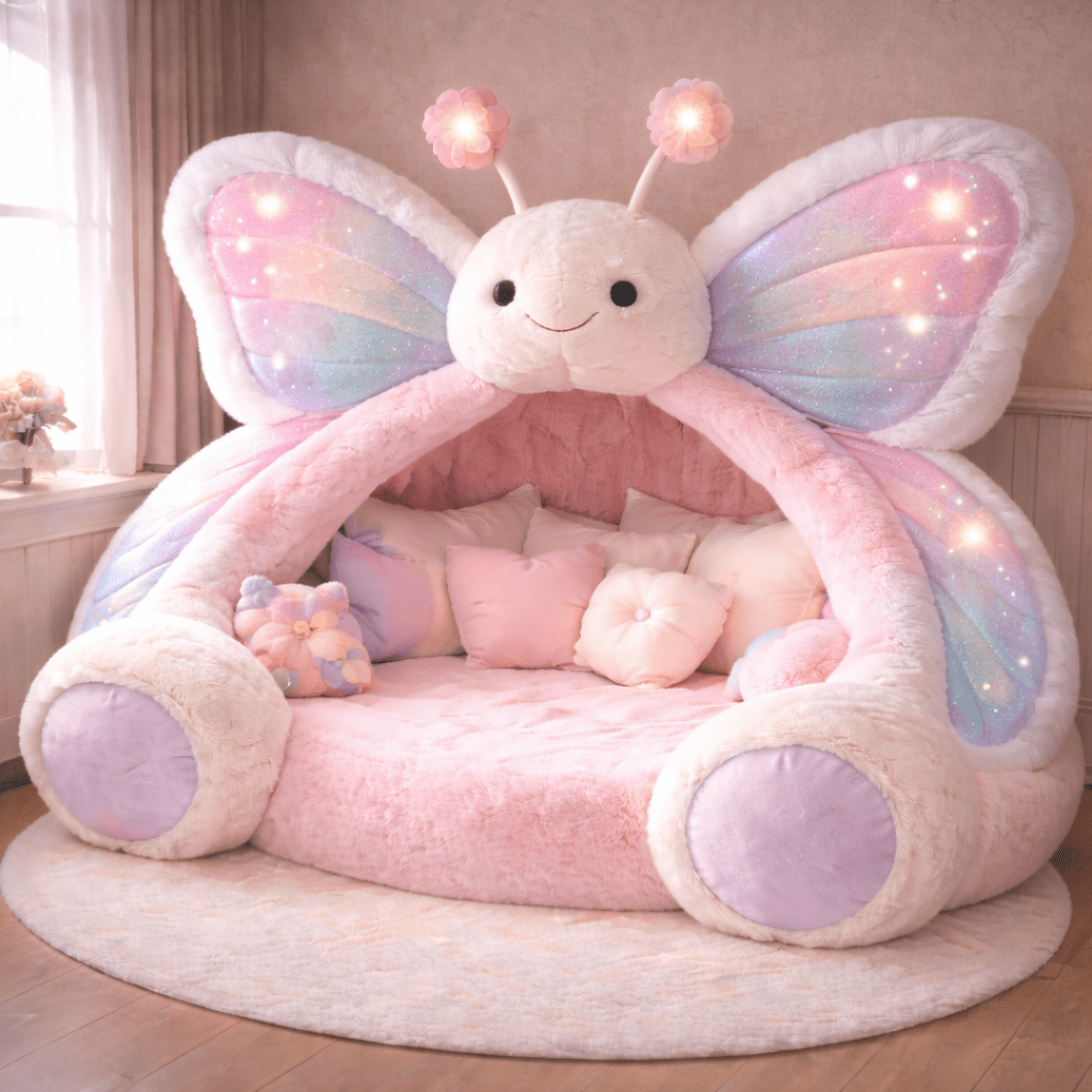 Soft pink and pastel rainbow butterfly reading nook pod with sparkling LED wings and blush cushions