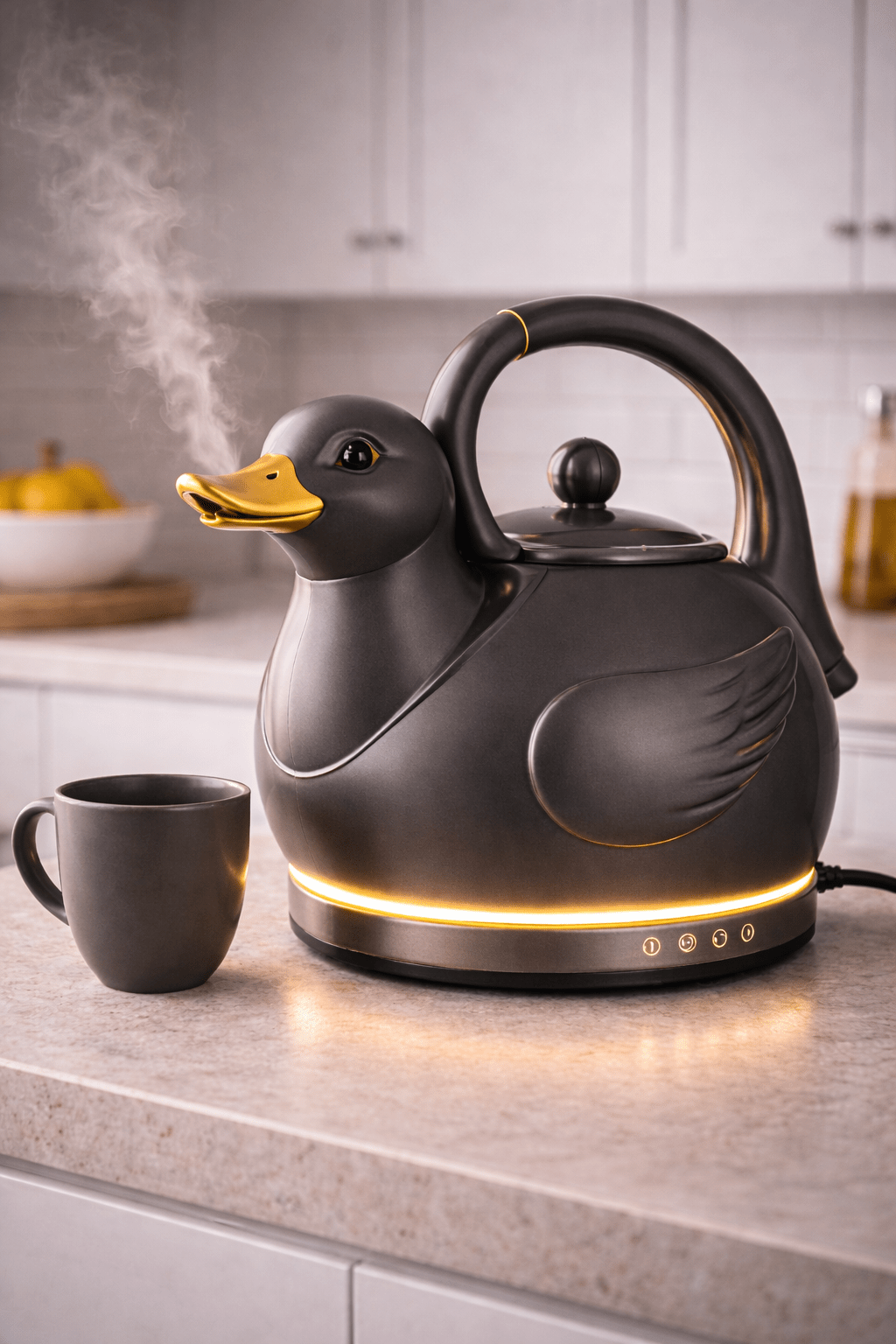 Matte black duck shaped electric kettle with gold beak and LED base light