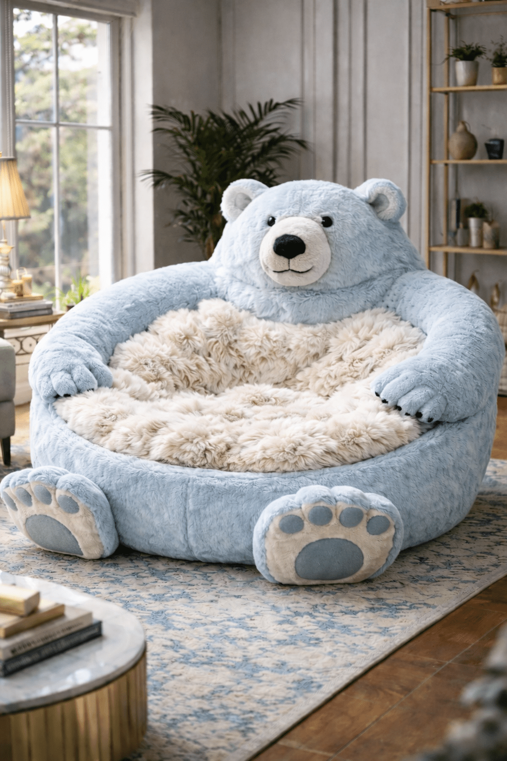 Giant blue polar bear plush lounger chair in a modern living room