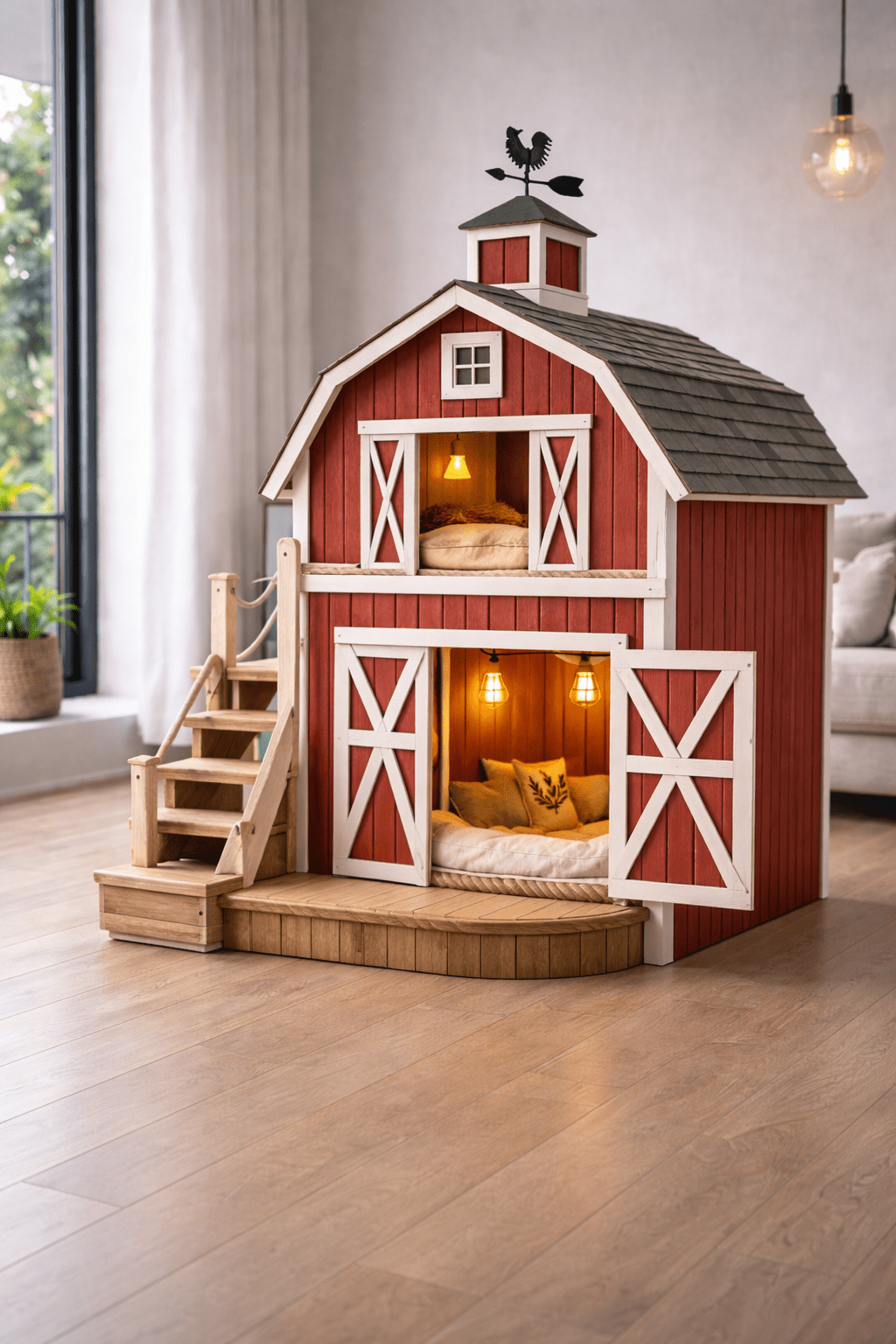Red barn-shaped cat house with loft sleeping area, opening doors and warm pendant lighting