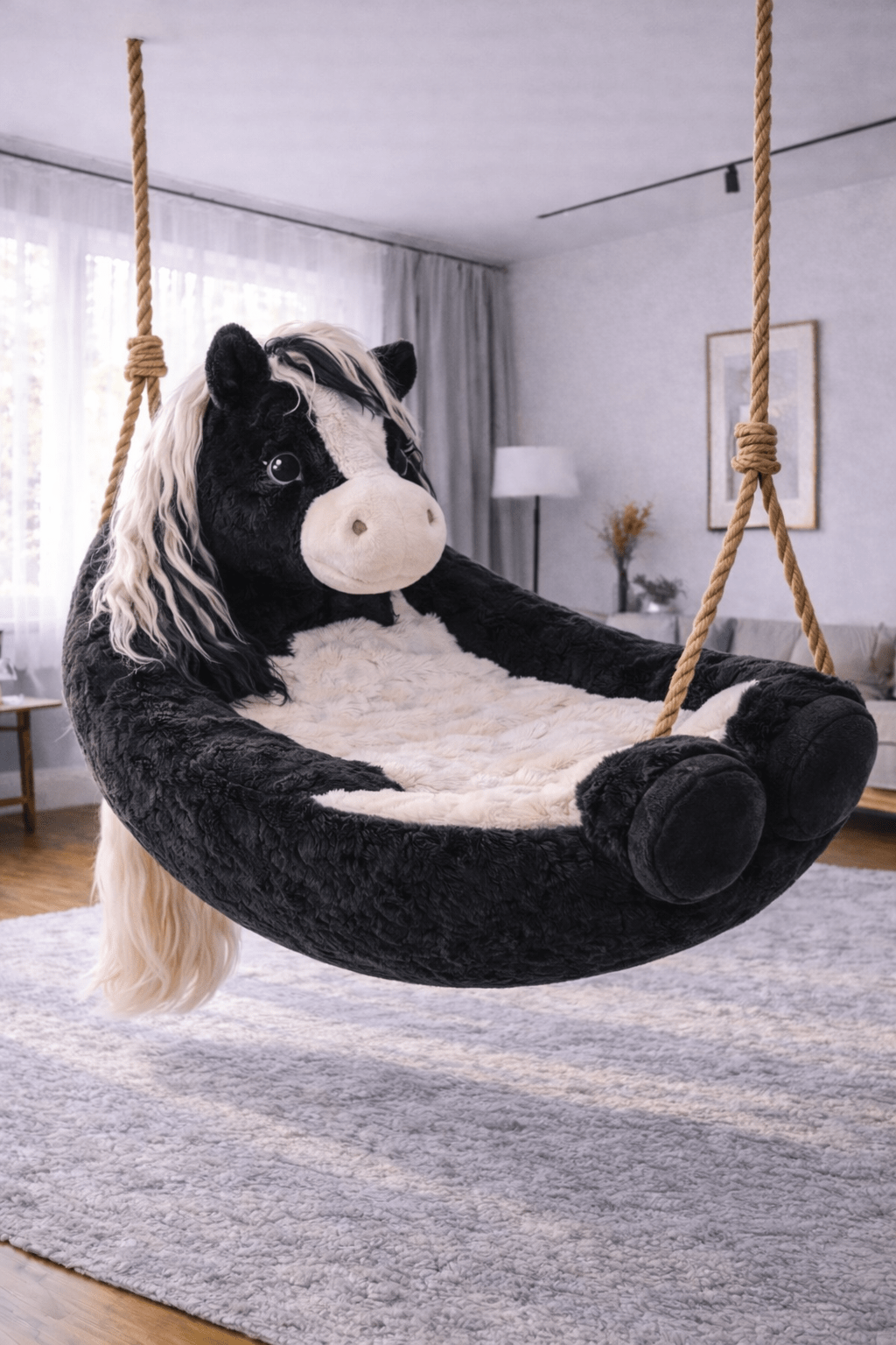 Black and white plush horse swing chair hanging above a soft rug in a contemporary living space