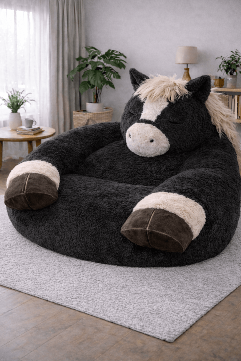 Giant black horse-shaped plush lounger chair on a rug in a contemporary living room setting