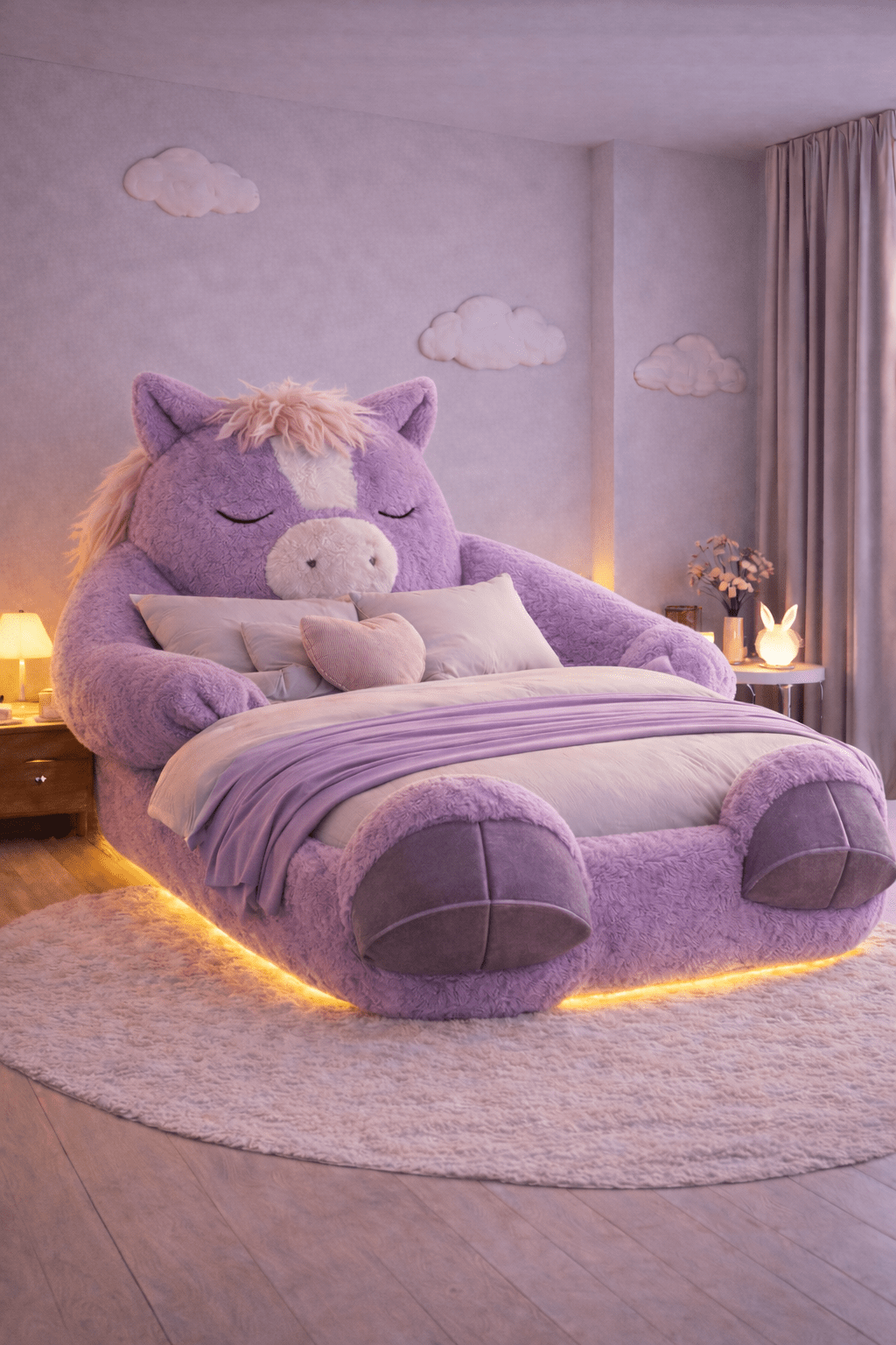 Oversized lavender horse-shaped plush bed with soft bedding and ambient lighting