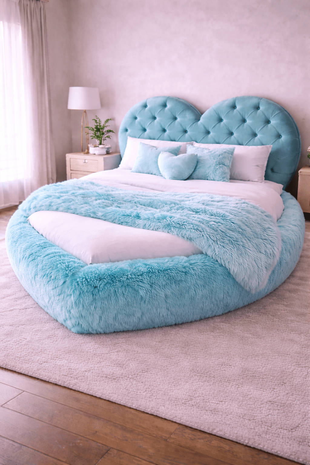 Aqua heart-shaped bed featuring soft faux-fur base, tufted headboard, and pastel bedroom styling