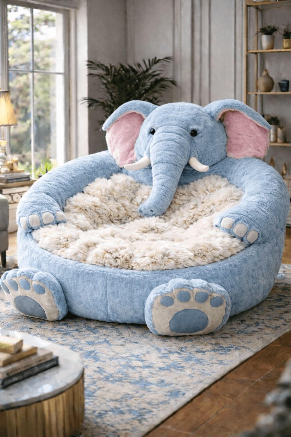 Oversized baby blue plush elephant cuddle chair with faux fur interior in a bright modern living space