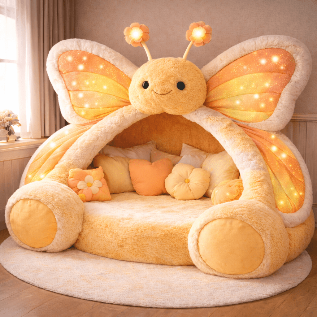 Plush orange and yellow butterfly reading nook pod with glowing LED wings in a cosy children’s bedroom