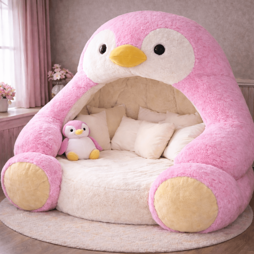 Oversized pink penguin lounge pod with cream plush interior and decorative cushions