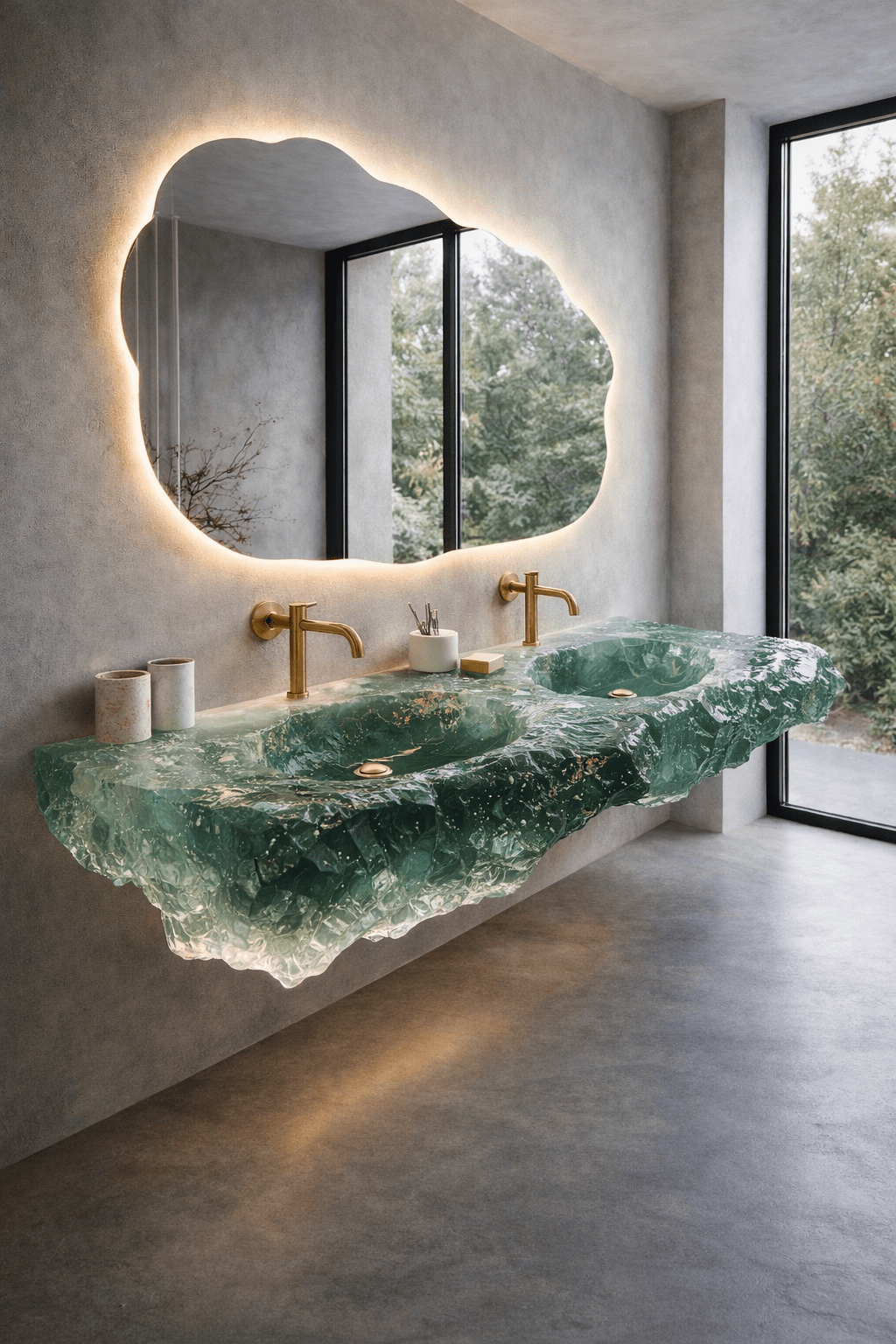 Translucent emerald green crystal resin double vanity sink with wall-mounted brass taps and backlit organic mirror
