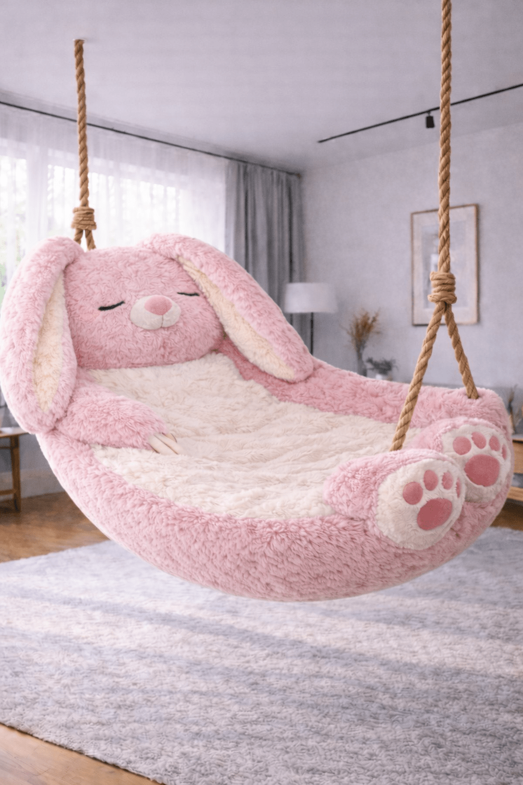 Pastel pink plush bunny hanging swing chair with paw details suspended above a soft rug