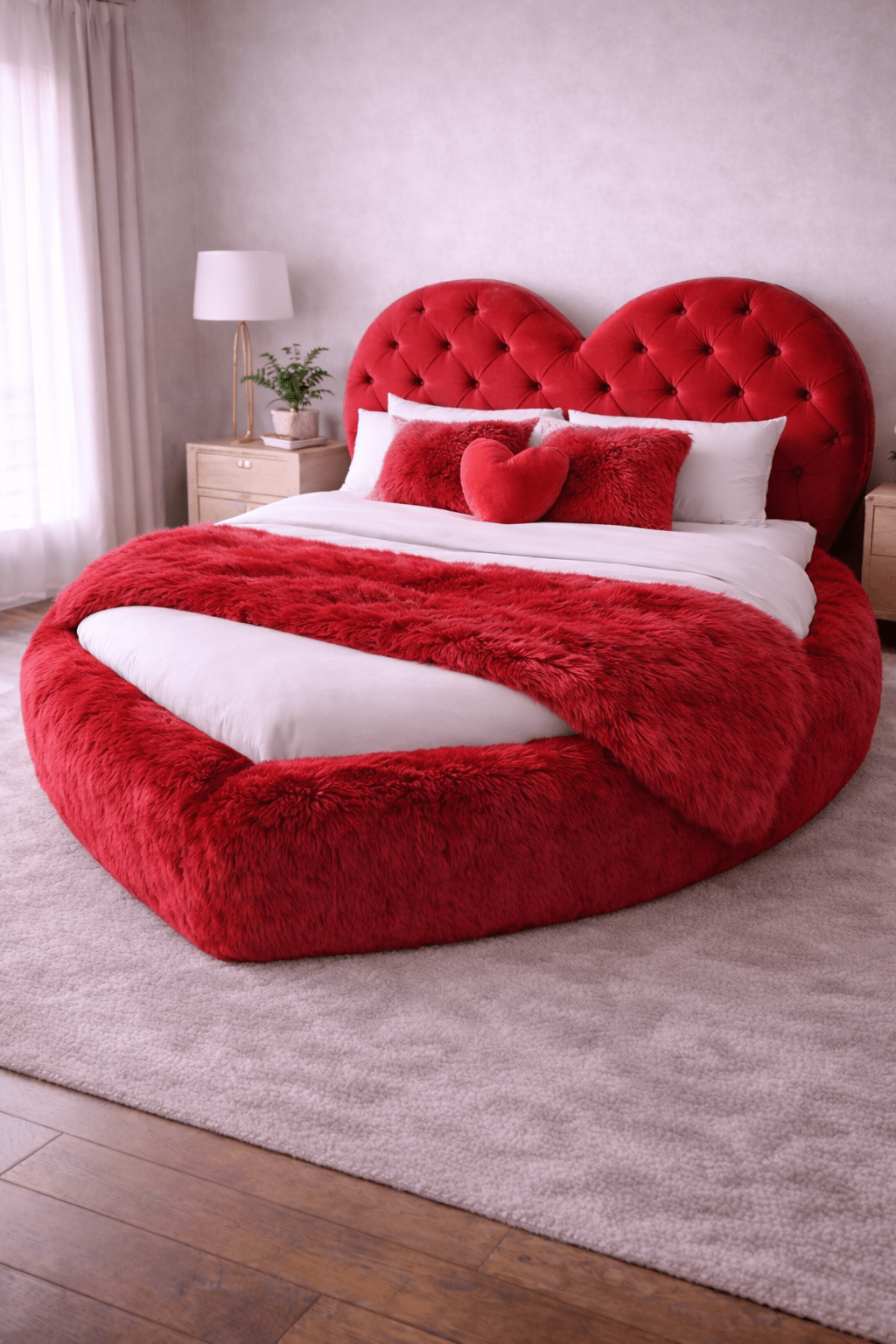 Red heart-shaped plush bed with faux-fur frame, tufted headboard, and romantic bedroom décor